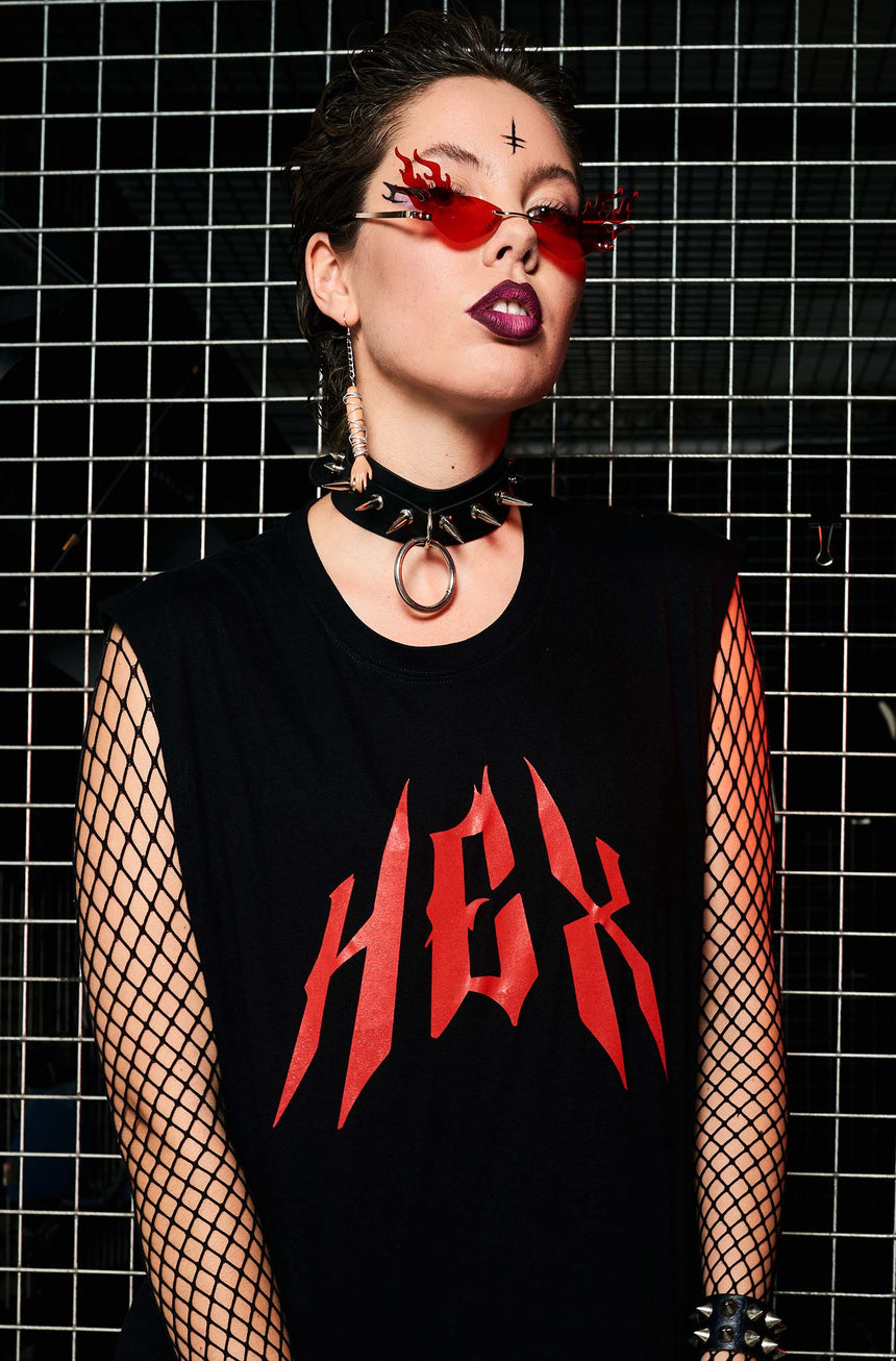 Woman wearing the HEX Bloody Red T-shirt, HEX red font on the chest & HEX Red cross on the back.